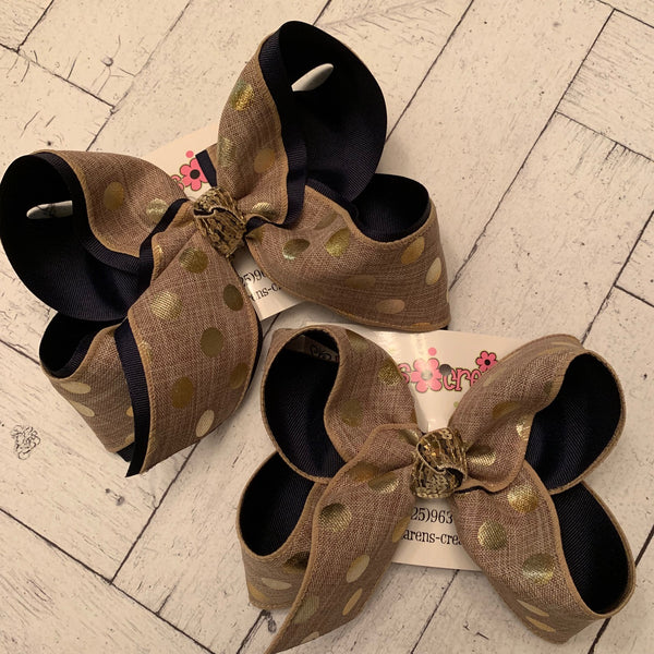 Khaki Canvas w/Gold Foil Dots Jumbo or Large Layered Hair Bow