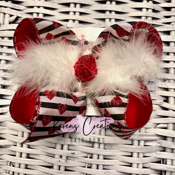 Valentine's Day Glitter Hearts/Black Stripes Hair Bow