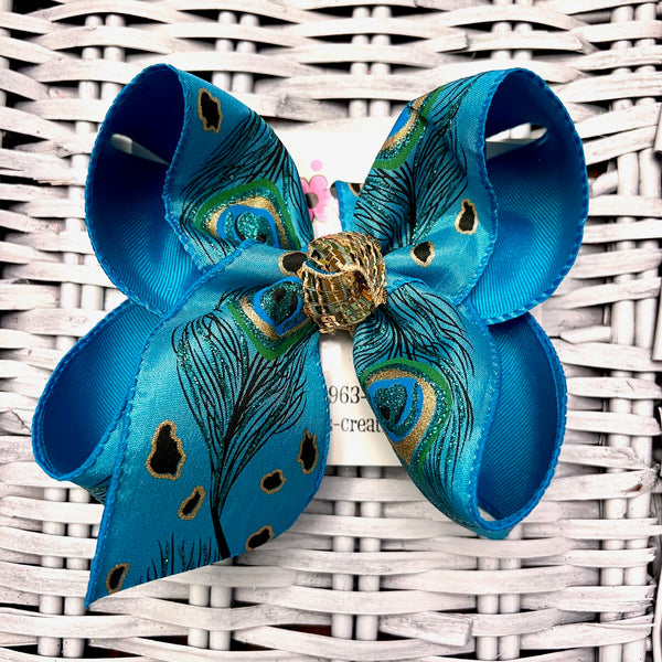Turquoise Glitter Peacock Hair Bow