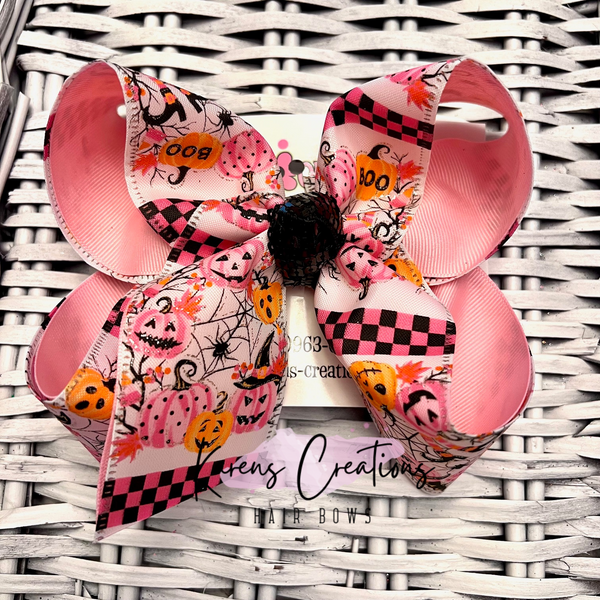 Pink Halloween Glitter Pumpkins Hair Bow