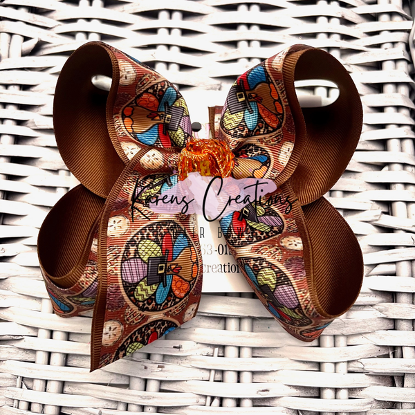 Thanksgiving Rainbow Turkey Feathers Hair Bow
