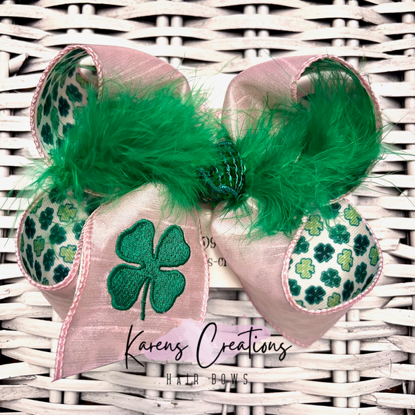 St. Patrick's Day Pink Embroidered Clover Shamrock Hair Bow