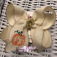 Fall Linen Scroll Pumpkin Embroidered Hair Bow