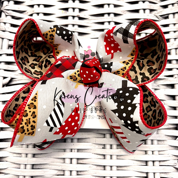 White Leopard Dotted Christmas Trees Hair Bow