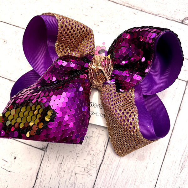 Purple/Gold Flip Reversible Sequin Tail LSU Jumbo or Large Layered Hair Bow