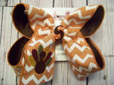 Orange Chevron Thanksgiving Turkey Monogrammed Jumbo or Large Layered Hair Bow