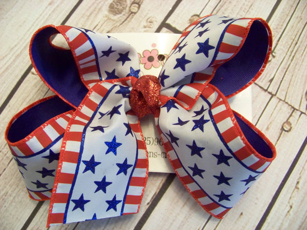 Glitter Stars and Striped Edges Jumbo or Large Layered Hair Bow