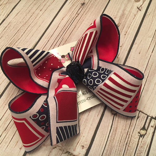 Patriotic Patterned Squares Print Jumbo or Large Layered Hair Bow