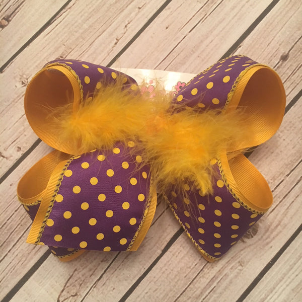 Purple w/Yellow Gold Dots LSU Themed Jumbo or Large Layered Hair Bow