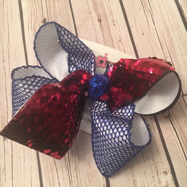 Patriotic Red White Blue Flip Reversible Sequin Tail Jumbo or Large Layered Hair Bow