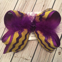 LSU Themed Yellow Gold w/Purple Glitter Ric Rac Jumbo or Large Layered Hair Bow