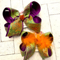 Halloween Lime Glitter Spider Web Print Jumbo or Large Layered Hair Bow