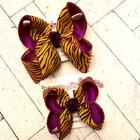 LSU Themed Purple/Gold Flocked Glitter Tiger Print Jumbo Large Medium or Small Layered Hair Bow