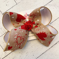 Valentine's Day Canvas w/Dotted Glitter Hearts Jumbo or Large Layered Hair Bow