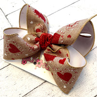 Valentine's Day Canvas w/Dotted Glitter Hearts Jumbo or Large Layered Hair Bow