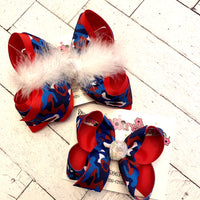 Patriotic Red White Blue Camo Print Large Medium or Small Layered Hair Bow