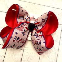 USA Stars Stripes Patriotic Print Jumbo or Large Layered Hair Bow