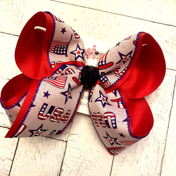 USA Stars Stripes Patriotic Print Jumbo or Large Layered Hair Bow