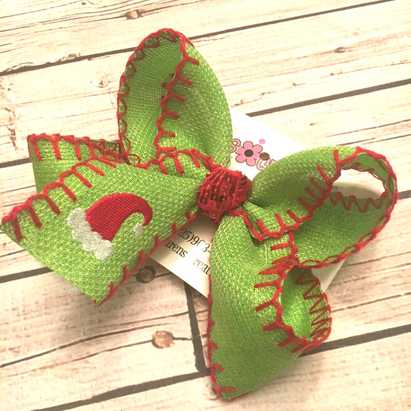 Embroidered Santa Hat Lime w/Red Blanket Stitch Christmas Hair Bow