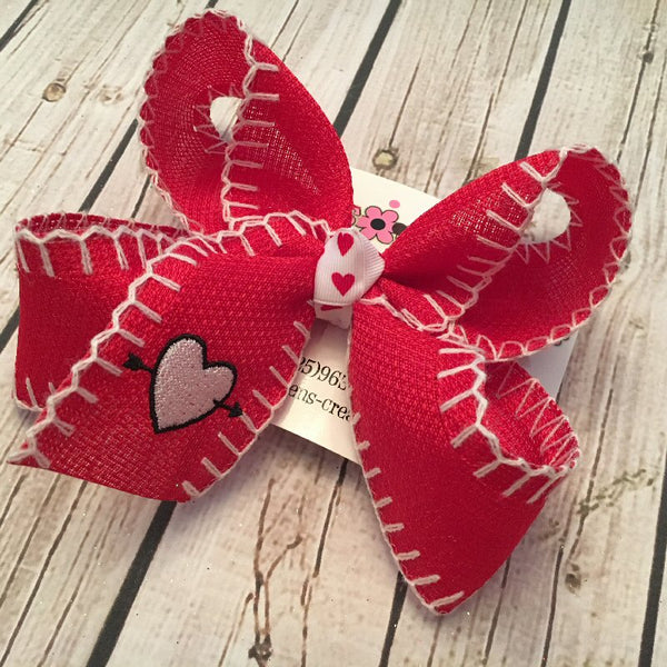 Valentine's Day Monogrammed Heart Stitched Ribbon Large Hair Bow